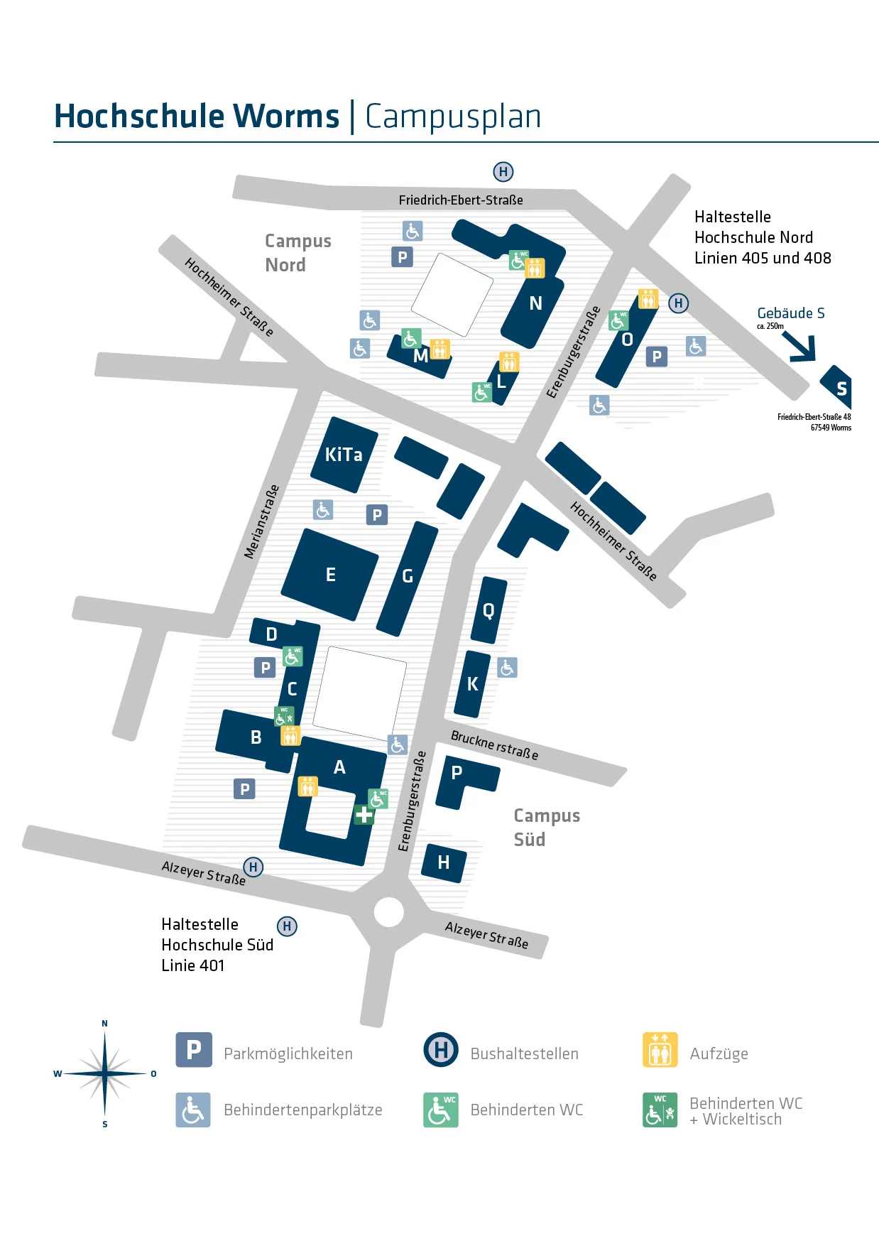 Campus Plan als PDF. Der Plan enthält die Gebäude der Hochschule und deren Einrichtungen. Es werden Parkmöglichkeiten, Behindertenparkplätze, Bushaltestelle, Aufzüge und Behinderten WCs aufgeführt.