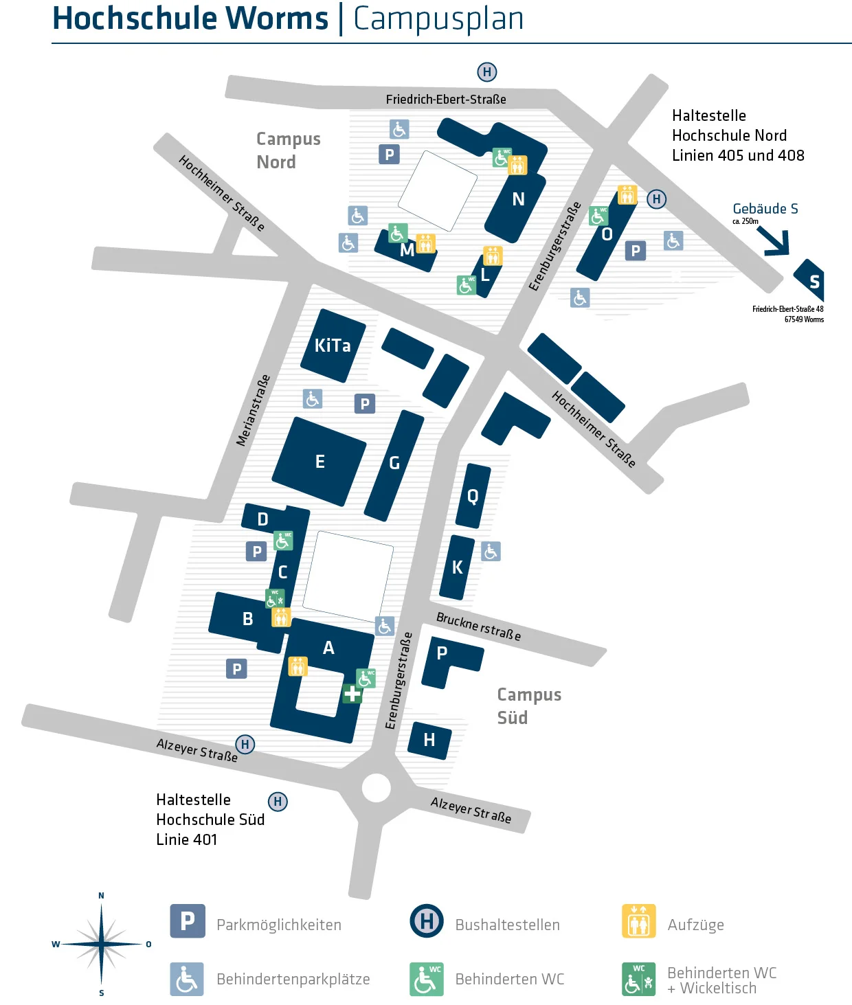 Campus Plan als PDF. Der Plan enthält die Gebäude der Hochschule und deren Einrichtungen. Es werden Parkmöglichkeiten, Behindertenparkplätze, Bushaltestelle, Aufzüge und Behinderten WCs aufgeführt.