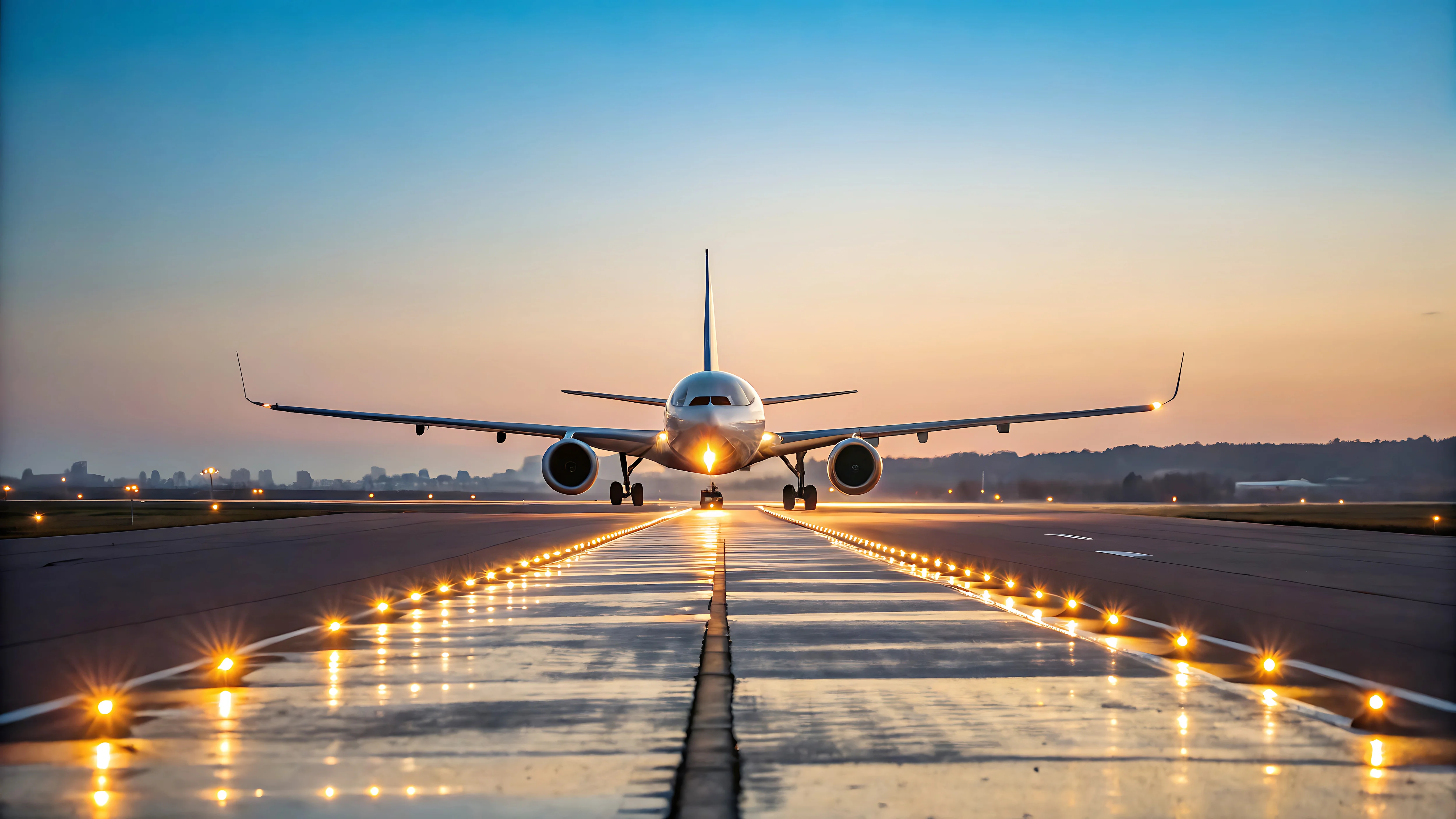 Ein modernes Passagierflugzeug auf dem Vorfeld, dessen Lichter sich auf dem nassen Asphalt spiegeln.