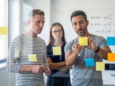 Ein konzentriertes Geschäftsteam, das gemeinsam an Projektideen arbeitet und Haftnotizen auf einer Glastafel in einem modernen Büro anordnet.